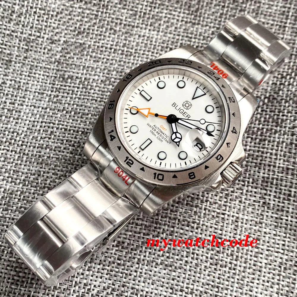 Механические часы BLIGER для мужчин GMT, наручные часы с автоподзаводом, браслет 904L, Relogio Masculino, оранжевая стрелка, сапфировое стекло
