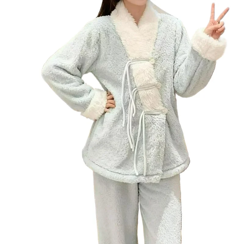 2026 خريف/شتاء جديد بيجامة من الصوف المرجاني للنساء جديد النمط الصيني الصوف وسميكة الدافئة مجموعات الحلو نمط ملابس المنزل #6