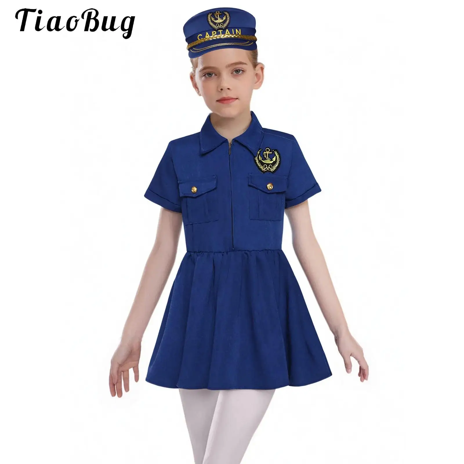 

Girl Deluxe Police Dress Halloween Dressup Costume Justice Police Officer Uniform Captain Pilot Dress Up Zip Dress with Hat Set