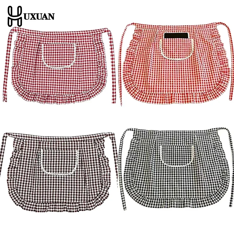 

Кружевной клетчатый фартук с половиной талии, хлопковый материал, устойчивый к пятнам, дышащий, домашняя рабочая одежда для приготовления пищи, кухонные аксессуары