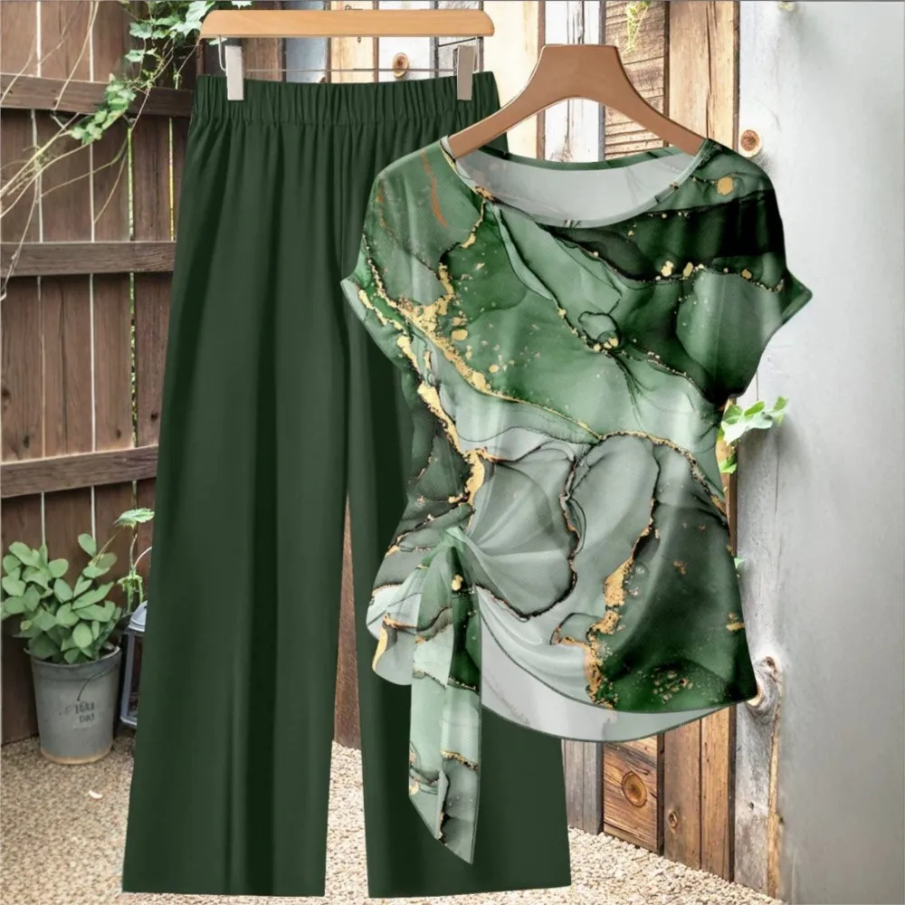 Neues Bedrucktes O-Ausschnitt Kurzarm-T-Shirt und Hose Damen 2-Teiliges Set Modisches Geknotetes Oberteil Weite Hose Lässiger Täglicher Anzug
