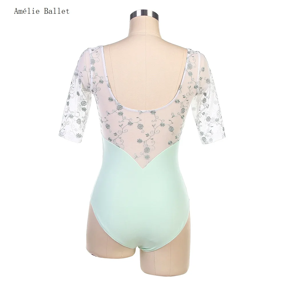 03D2401 Frete Grátis Adulto Dança Letoards Mid-mangas Verde/Branco Collant Low Back collant Mulheres Bailarina Roupas de Prática