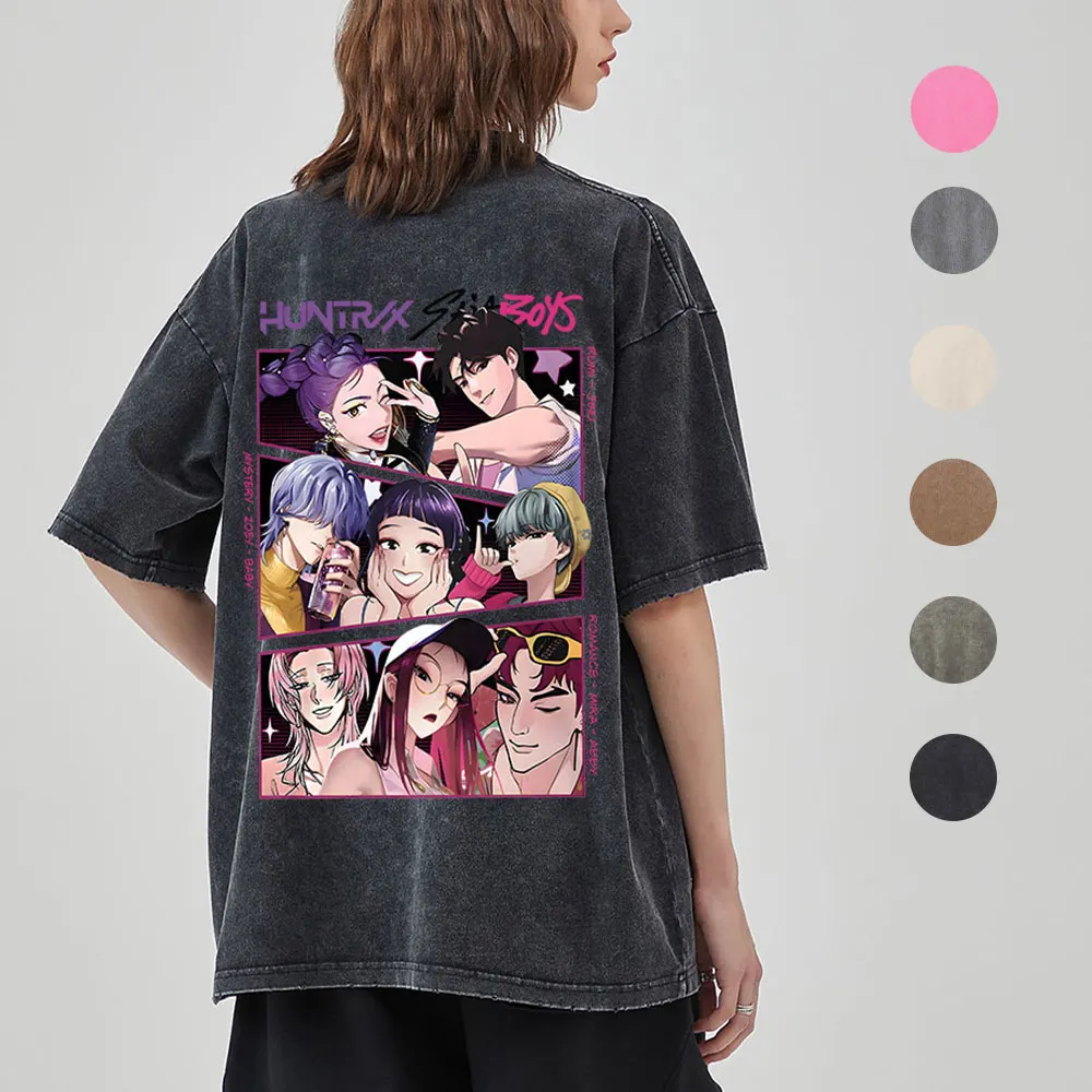 

Unisex Washed Tshirt Crew Neck Vintage Cotton Tee KPOP Print Fashion Acid Wash Tshirts Men Women Harajuku Streetwear all Season