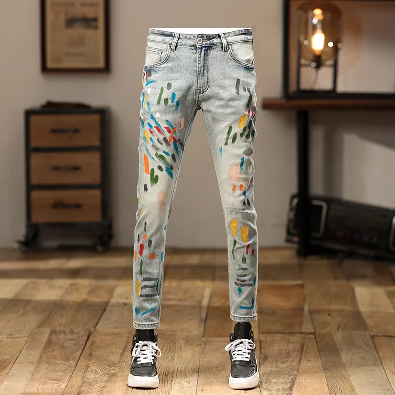 High Street Fashion Men Jeans Retro Washed Blue Stretch Skinny Fit Ripped Jeans Men Printed Designer Hip Hop Denim Pencil Pants