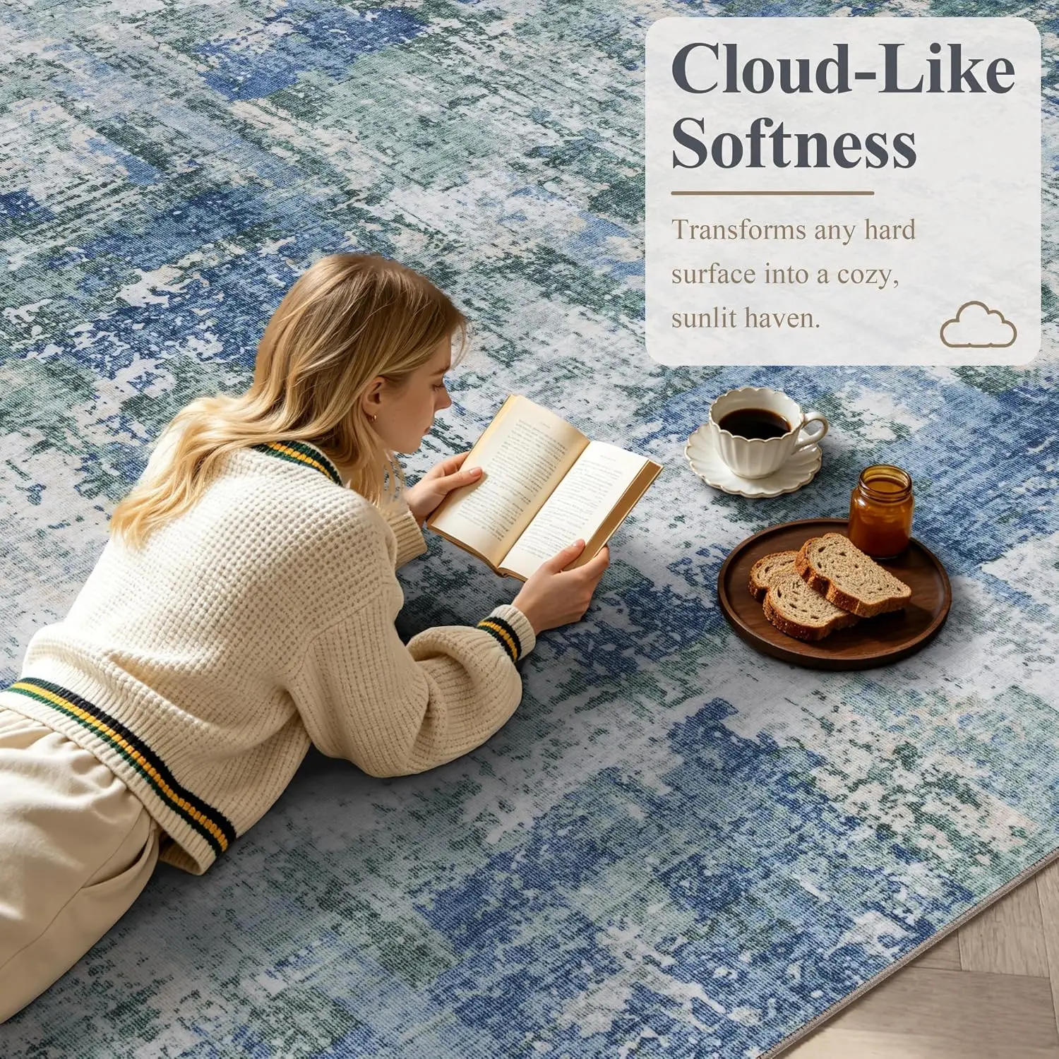 Modern Abstract Blue Green Rug, Soft Fade Resistant Carpet for Living Room Bedroom Entryway, Stylish Decor