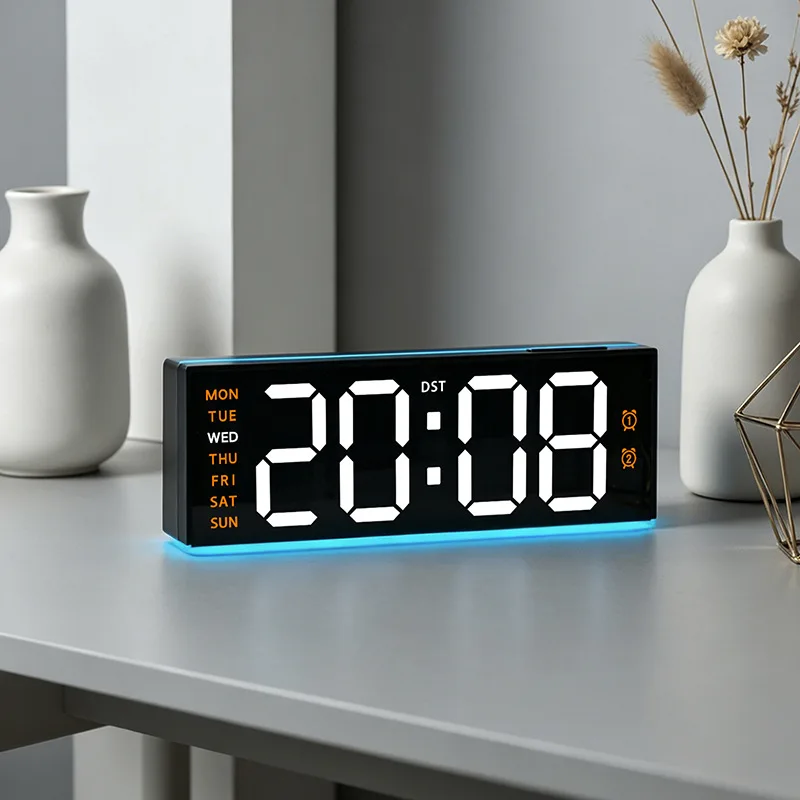 Large Screen LED Digital Wall Clock for Living Room, Multifunctional Electronic Clock with RGB Ambient Light & Dual Alarm