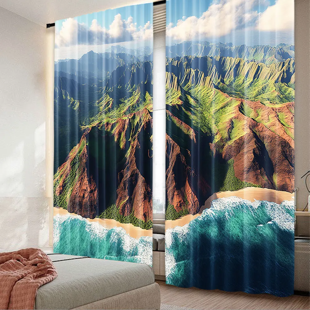 2Pcs Hawaiian Curtain Aerial View Of Na Pali Coast Kauai Hawaii Mountain Cliff Seacoast Scenic For Bedroom Living Room And