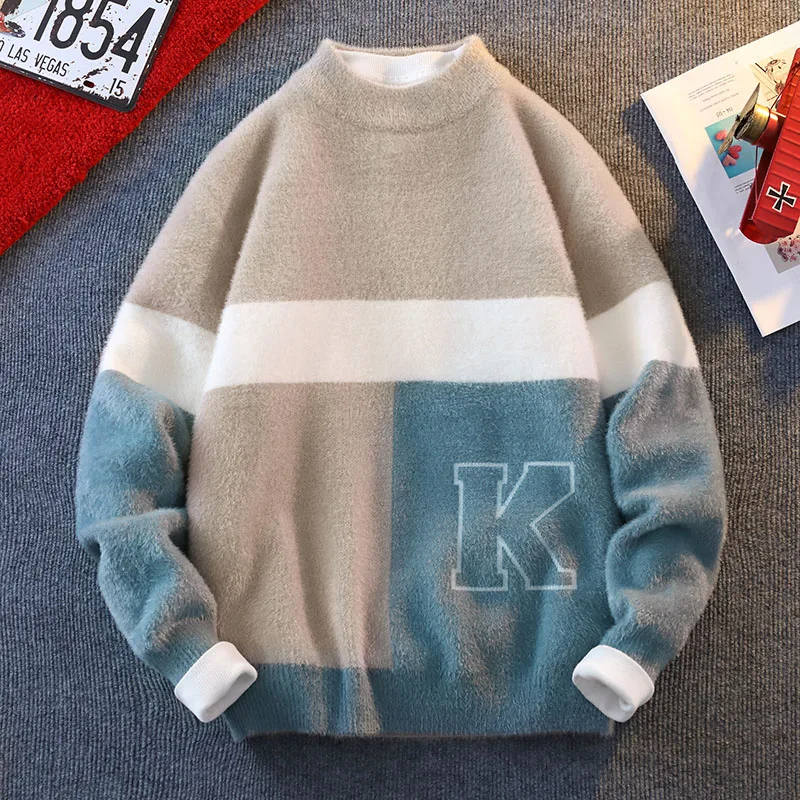 Men's Designer Original Color Block Fuzzy Knit Sweater Half Mock Neck Pullover Soft Warm Plush Autumn Winter Casual Men's Wear