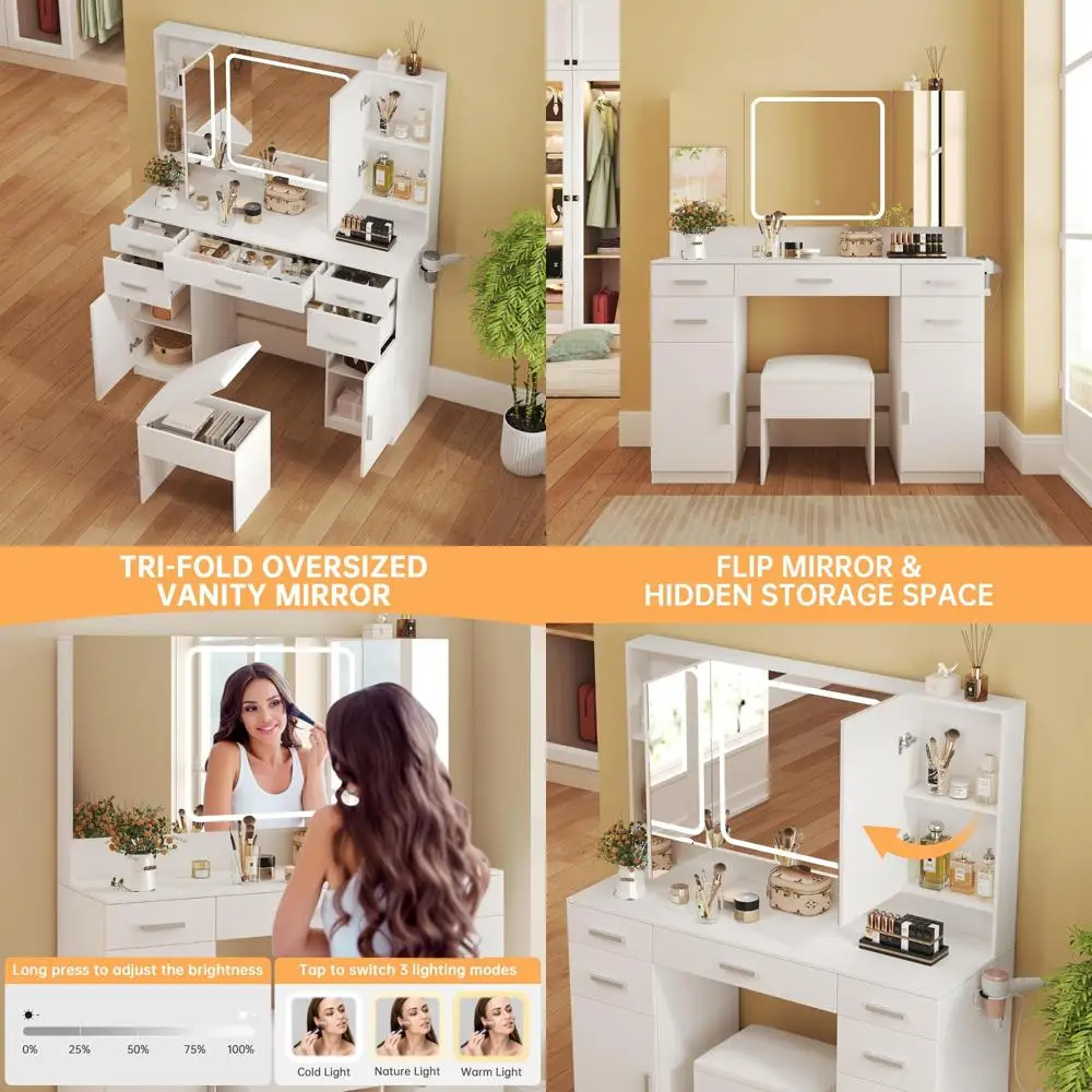 مكتب زينة مكياج مضيء مع مساحة تخزين ذات 9 أدراج ومرآة ثلاثية الطي ثلاثية الألوان