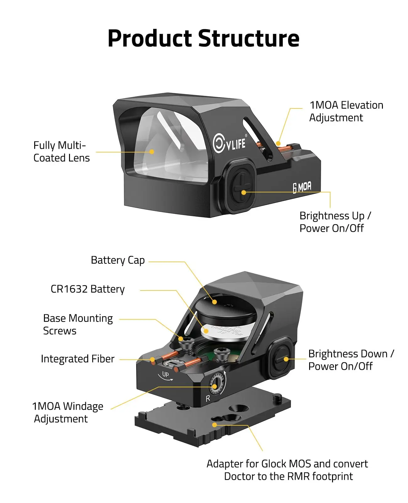Scope 6 MOA Green Dot Scope Open Reflex Optics Sights Motion Awake with Adapter fit G-lock MOS 21mm Picatinny