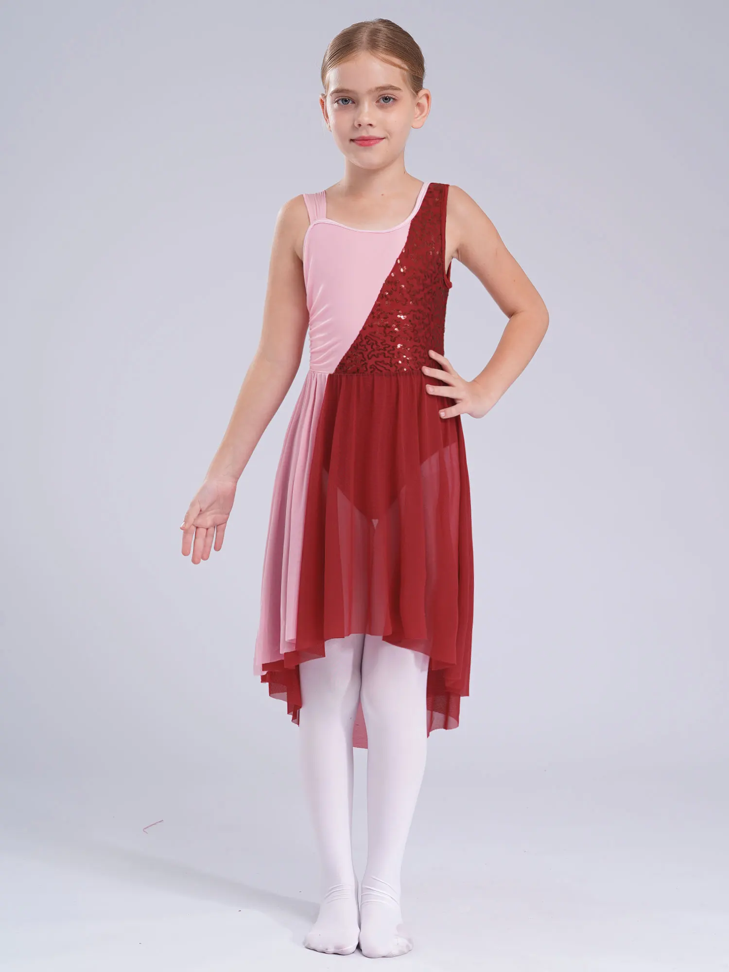 

Elegant Ballet Dress Girls Color Block Contemporary Gymnastics Leotard Lyrical Dance Dress for Ballroom Dancing Skating Dress