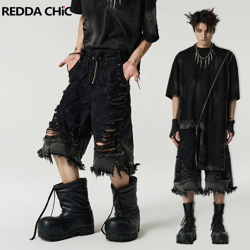 Calças Bermuda Jeans Destruídas REDDACHiC para Homens, Vintage com Patchwork e Furos, Calças Cargo de Perna Larga, Estilo Alt Harajuku Streetwear