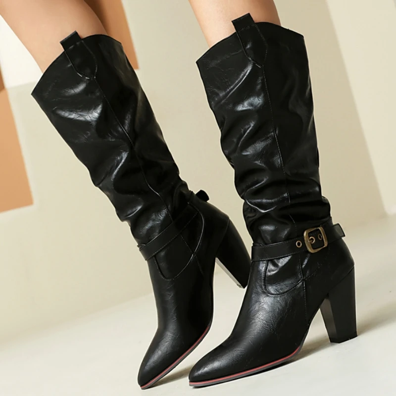 

Knee High Boots for Women New 2024 Trends Pleated Winter Shoes Black Brown White Cowboy Riding Boot Footwear Shoes Lady Big Size
