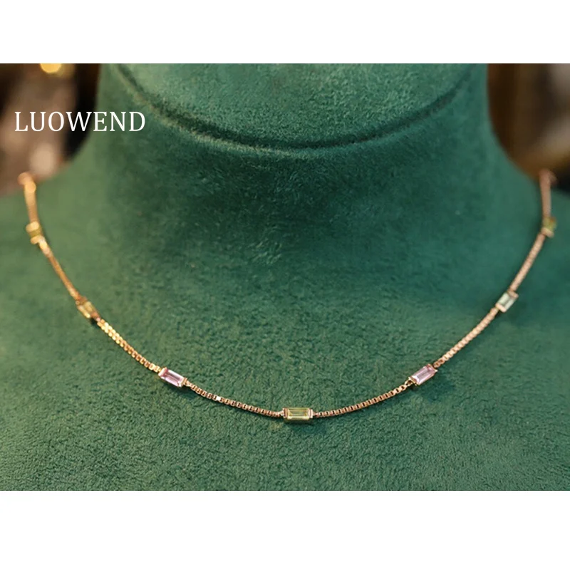 

LUOWEND 18K Rose Gold Necklace Romantic Rainbow Design INS Style Real Natural Aquamarine Necklace for Women Engagement Jewelry