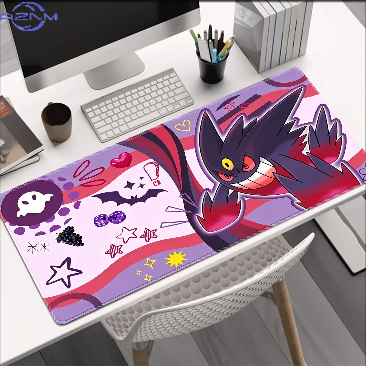 Cute Purple Gengar Large Mousepad, Rubber Non Slip Extended Gaming Desk Mat, Anime Cartoon Table Pad for Laptop Office Desktop D