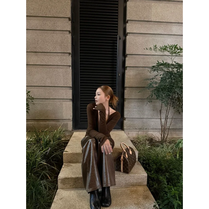Brown Swing Collar Long Sleeve T-Shirt Women's Autumn Royal Sister Temperament Sequined Halter Neck Camisole Top Two-piece Suit