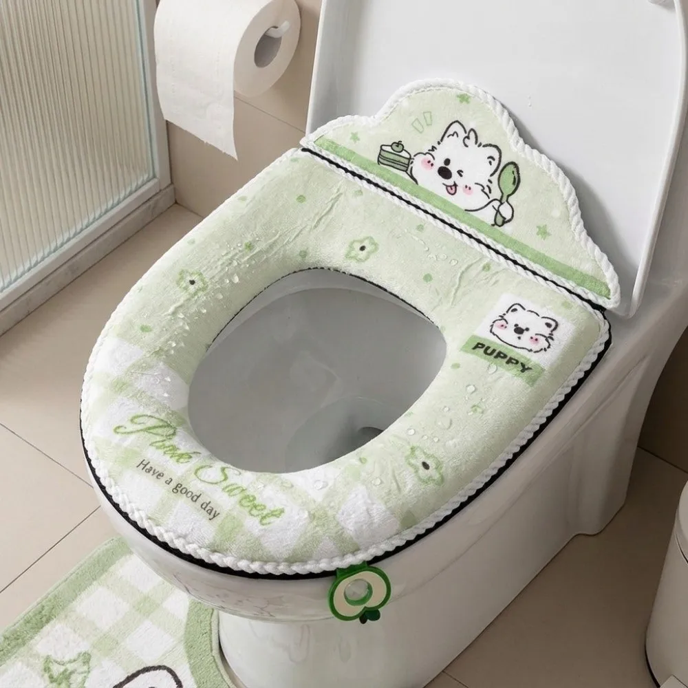 Cartoon Puppy Pattern Toilet Seat Cover Zippered Non-Slip Plush Toilet Cushion With Backrest Thickened Soft