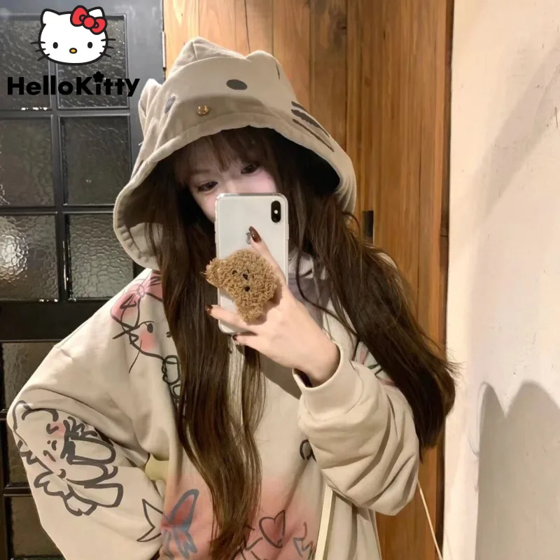 New Hello Kitty Graffiti Style Hoodie Women Casual Sweatshirt Sanrio Cute Kt Pullover Autumn Winter Loose Versatile Clothing Y2k