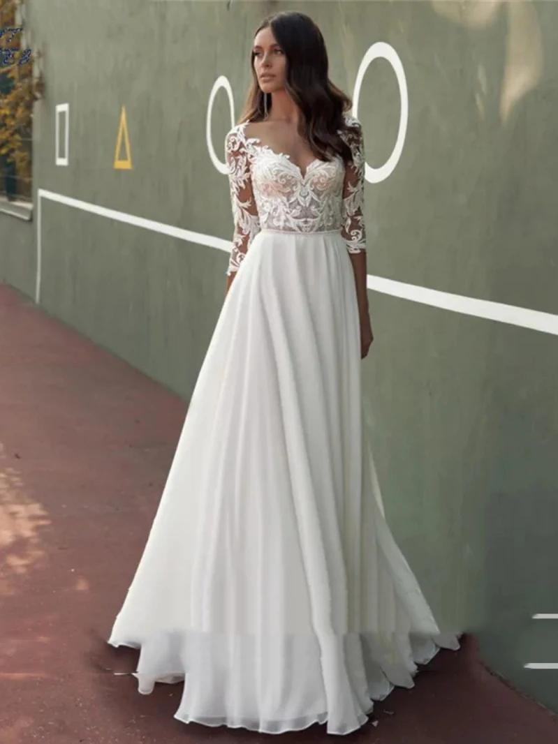 

Simple A-Line Wedding Dresses Chiffon Bridal Gowns Three Quarters Sleeves Lace Appliques Elegant Robes 2024 Vestidos De Novia