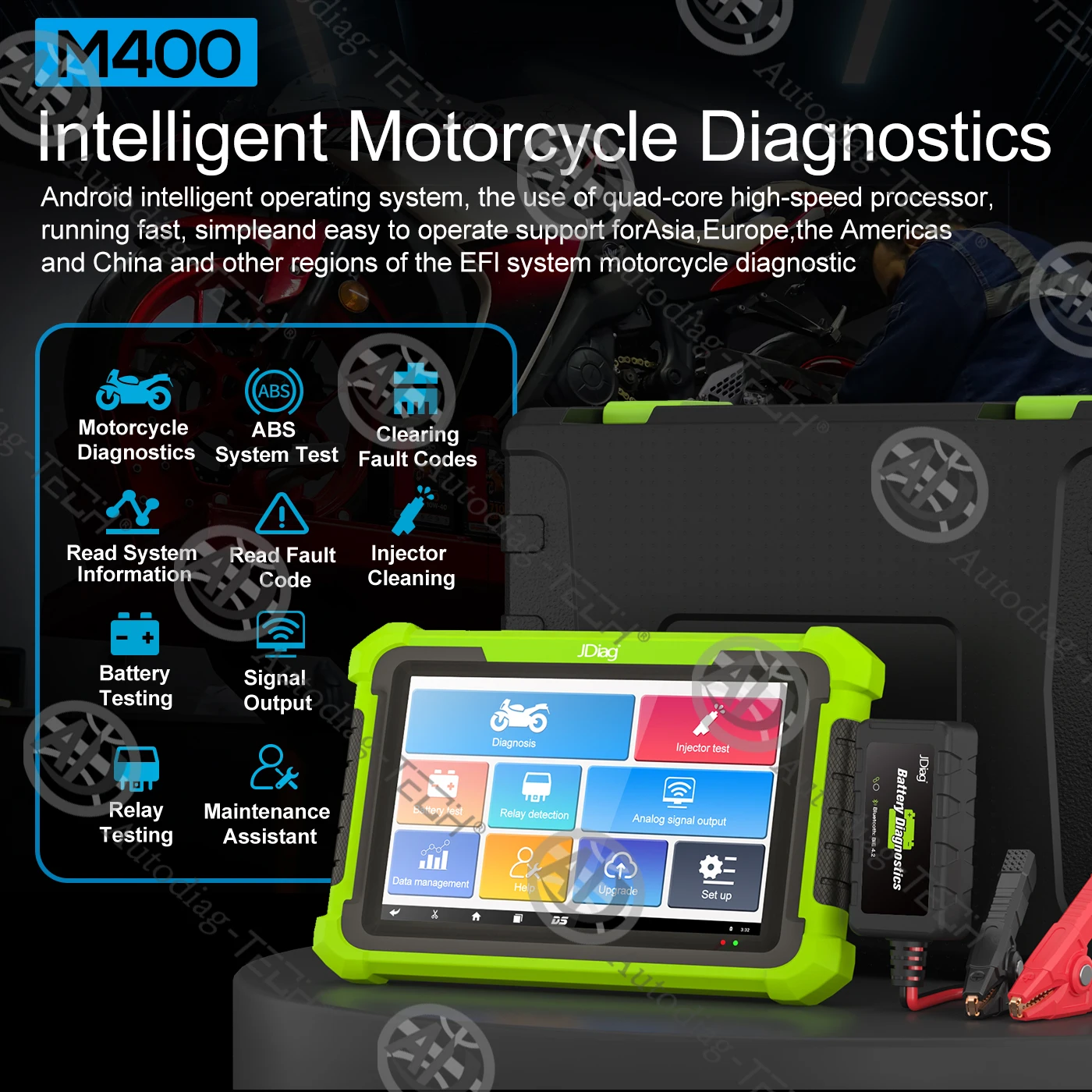 

JDiag M400 Motorcycle Diagnostic Scan Tool ABS Test&Data Printing Battery Test for electronic fuel injection(EFI) motor Scanner