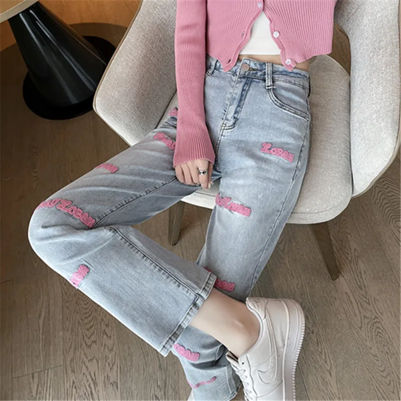 Spring And Summer Pink Letter Jeans Light Blue Elastic High Waist Embroidered Loose Straight Pants Jeans Fresh Sweet Women