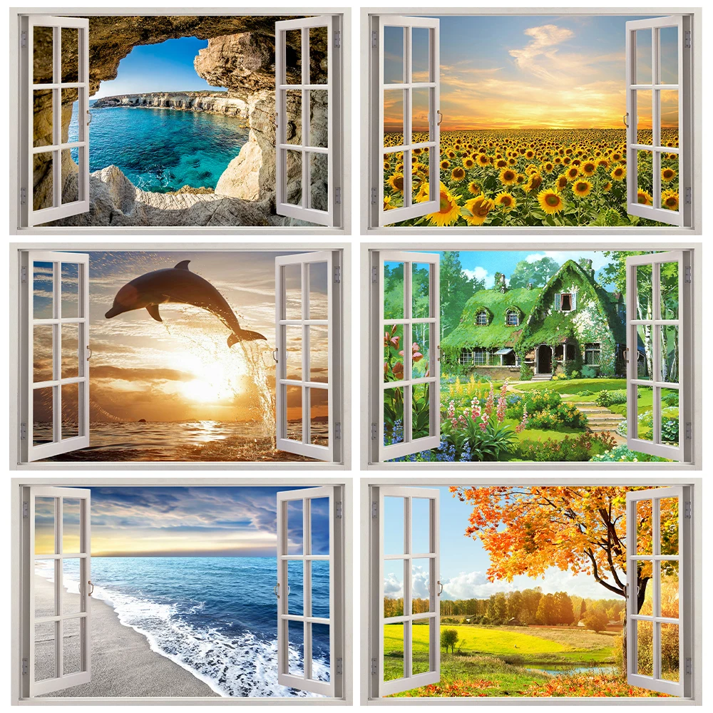 Imitation Window Landscape Seascape Wall Sticker Peel and Stick Home Decorative Sunflower Fair Tale House Children Wall Decal