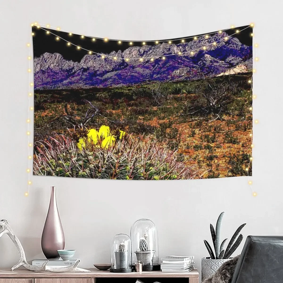 Southwest Barrel Cactus with Organ Mountains Tapestry Wall Hanging Home Supplies Tapestry