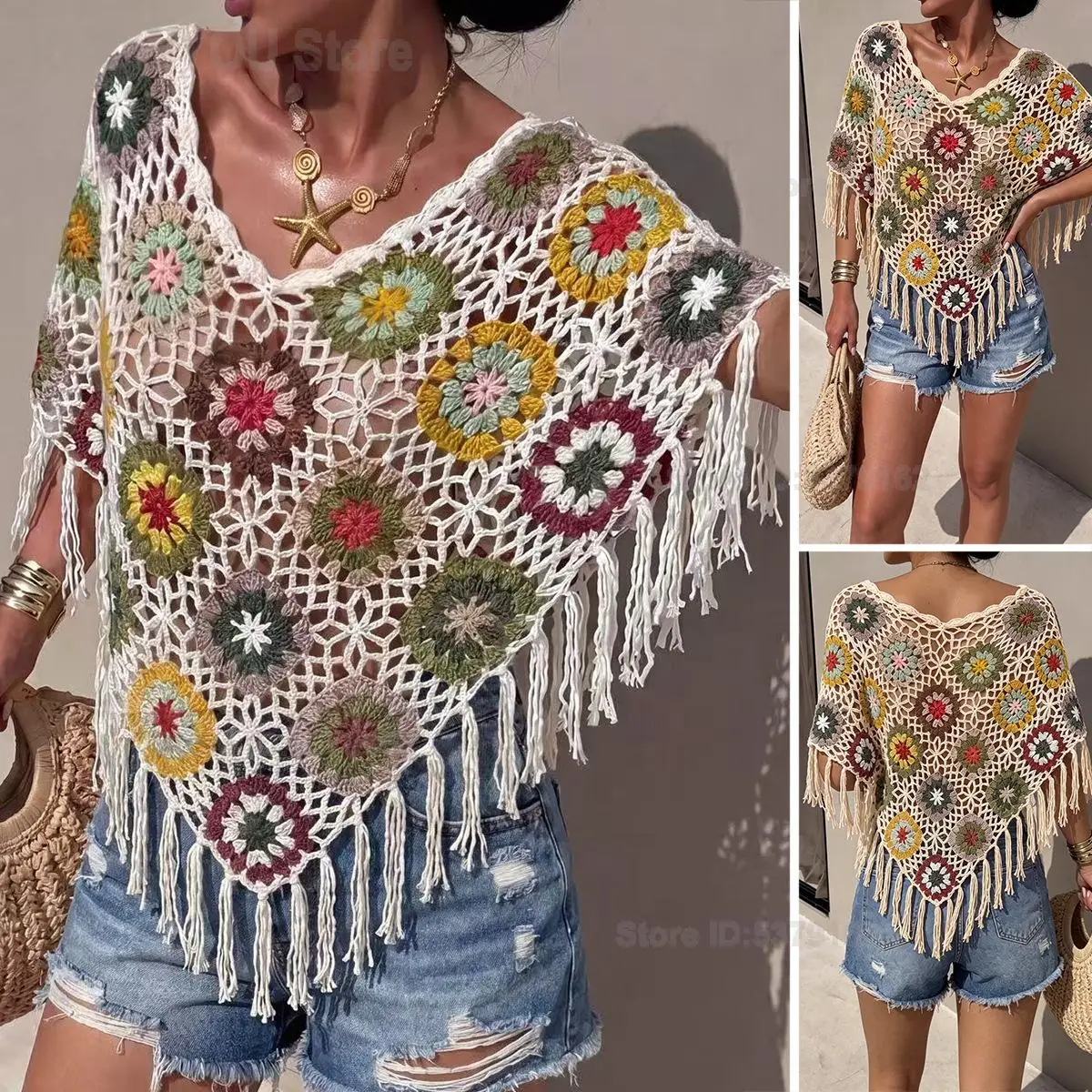Women Hand Crochet Tassel Floral Panel Knit Irregular Hem Sun Protection Beach Shirt Seaside Vacation Loose Summer Beachwear