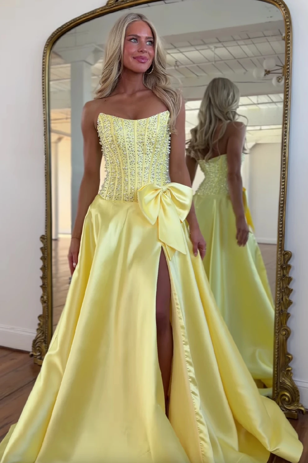Customized Elegant Yellow A-Line Strapless Evening Dresses Chest with Pearls Rhinestones Bow Front Slit Floor Length Prom Gowns