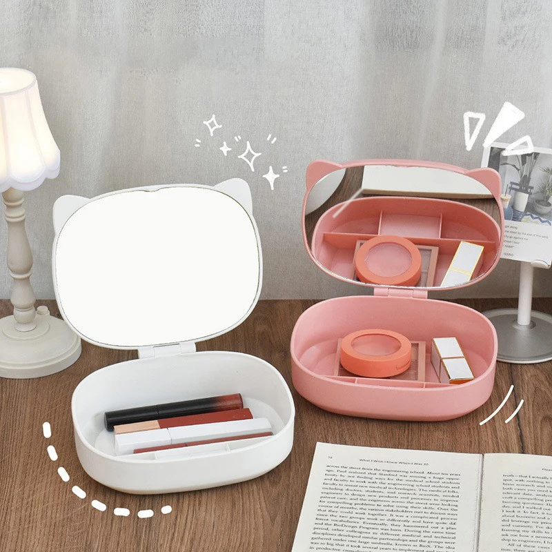 With Storage Box Folding Storage Mirror High Definition Without Dead Corners Cat Ear Makeup Mirror Decoration Direct Color