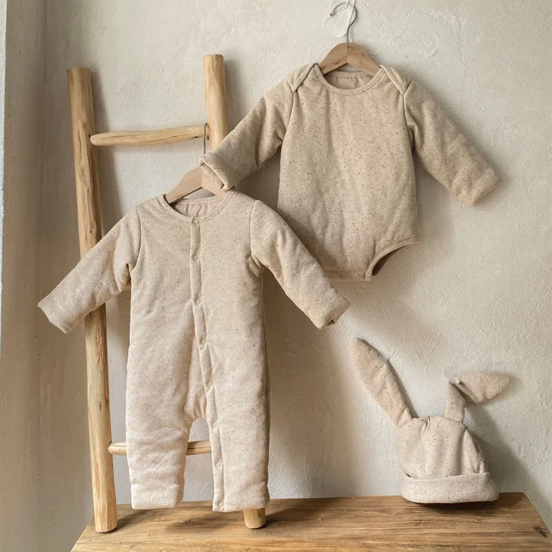 MiniAinis Autumn Winter Baby Oatmeal Romper Girls Thickened Cotton Bodysuit Clothes + Hat Boys Quilted Jumpsuit Kids Clothes