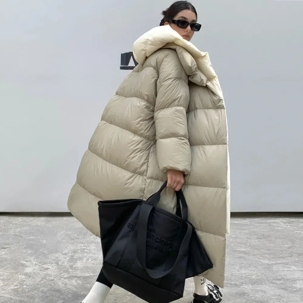 Fashion 2024 New Winter Fluffy Women Thickness Warm Long Puffer Coat Female White Duck Down Jacket Hooded Fake Two-piece Parkas