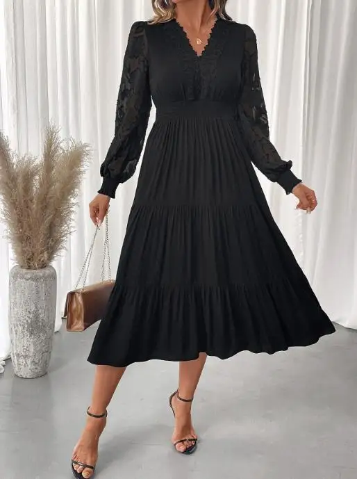 Abito longuette elegante con scollo a V in pizzo da donna nuovo autunno, manica trasparente e orlo a strati abito in tinta unita