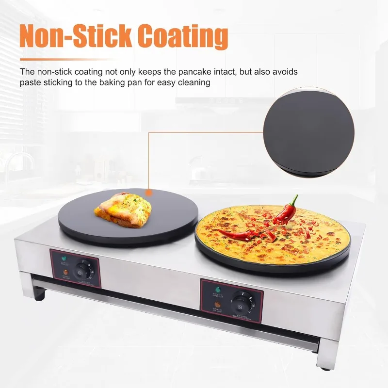 16 Inch Commercial Crepe Maker Electric Pancake Maker with Double Pan Nonstick Round Crepe Hotplate Griddle Machine