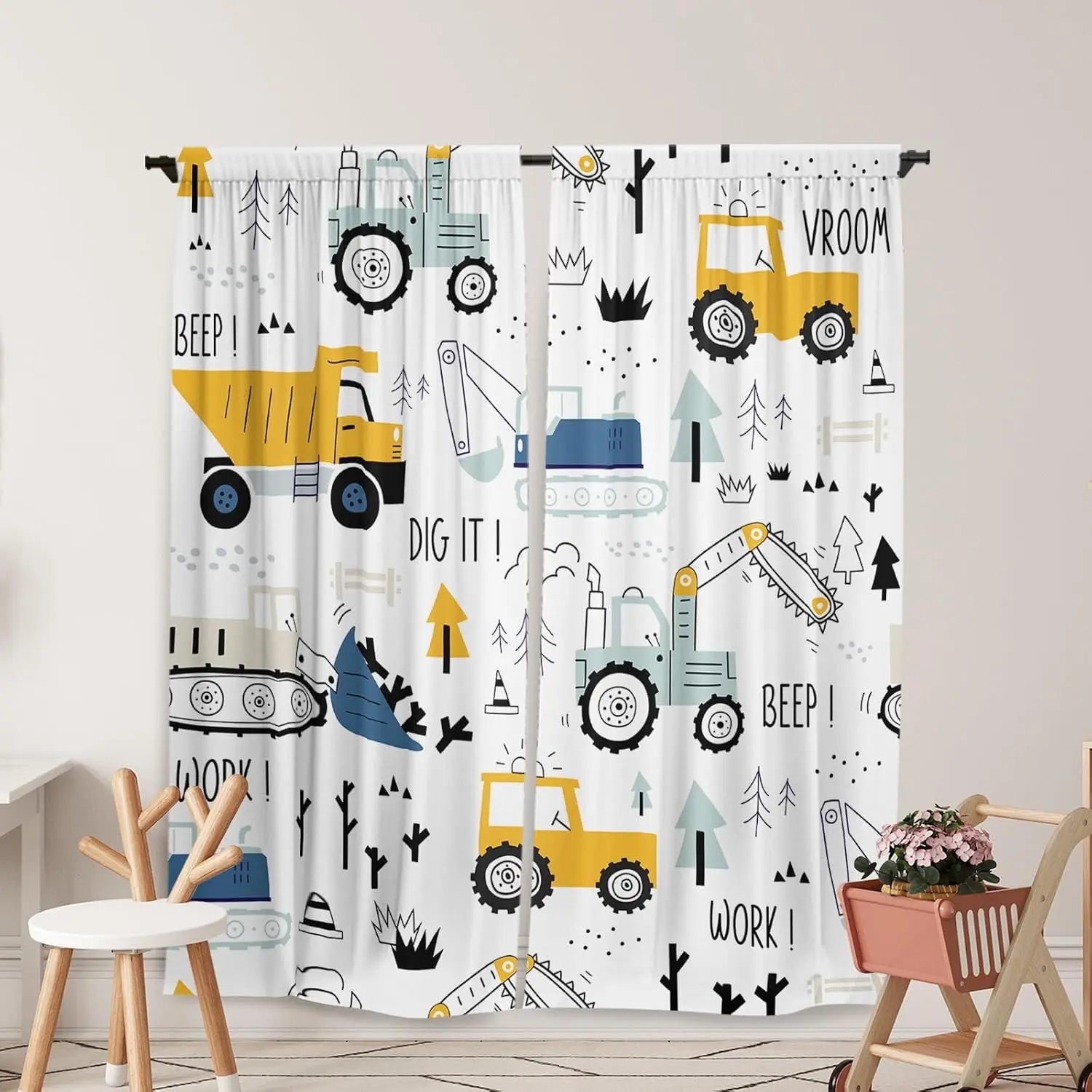 Cartoon Construction Vehicle Curtains Excavator Tractor Dumper Tree Sign Slogan White Drapes for Toddler Boys Bedroom Home Decor