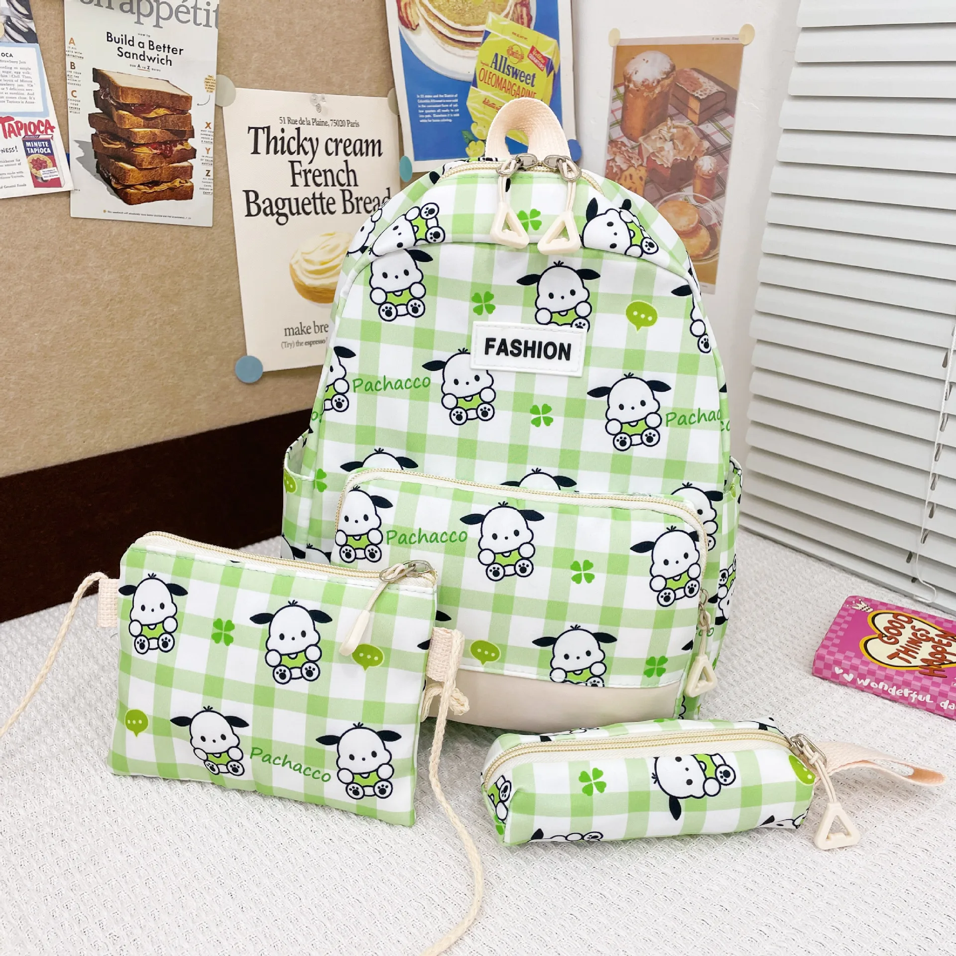 Children Backpack 3 Pieces Set Sanrio Hello Kitty Kuromi Melody Pochacco Cinnamoroll Plaid Satchel Kawaii Knapsack Casual Bag