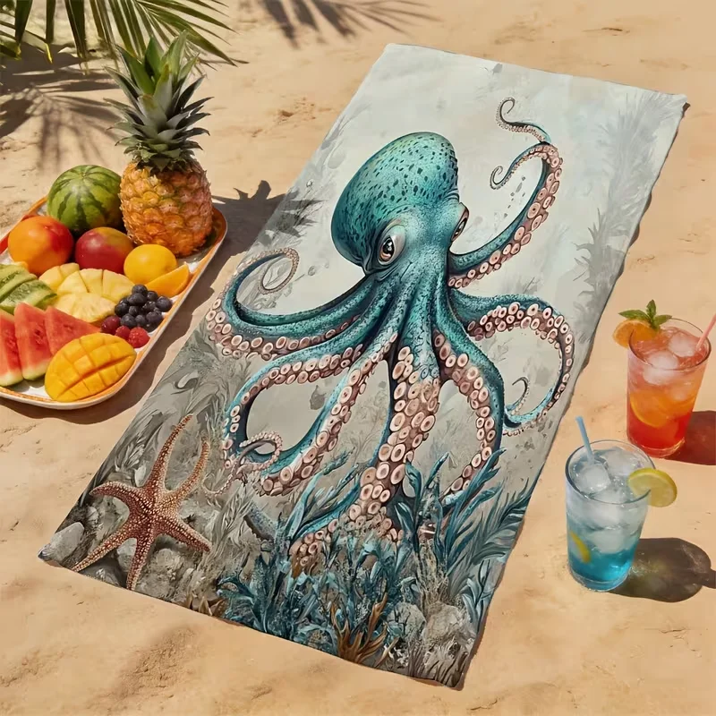 Vintage Octopus Ocean Beach Towel Underwater Marine Art Print Quick Dry Sandproof Absorbent Towel for Beach Travel Vacation