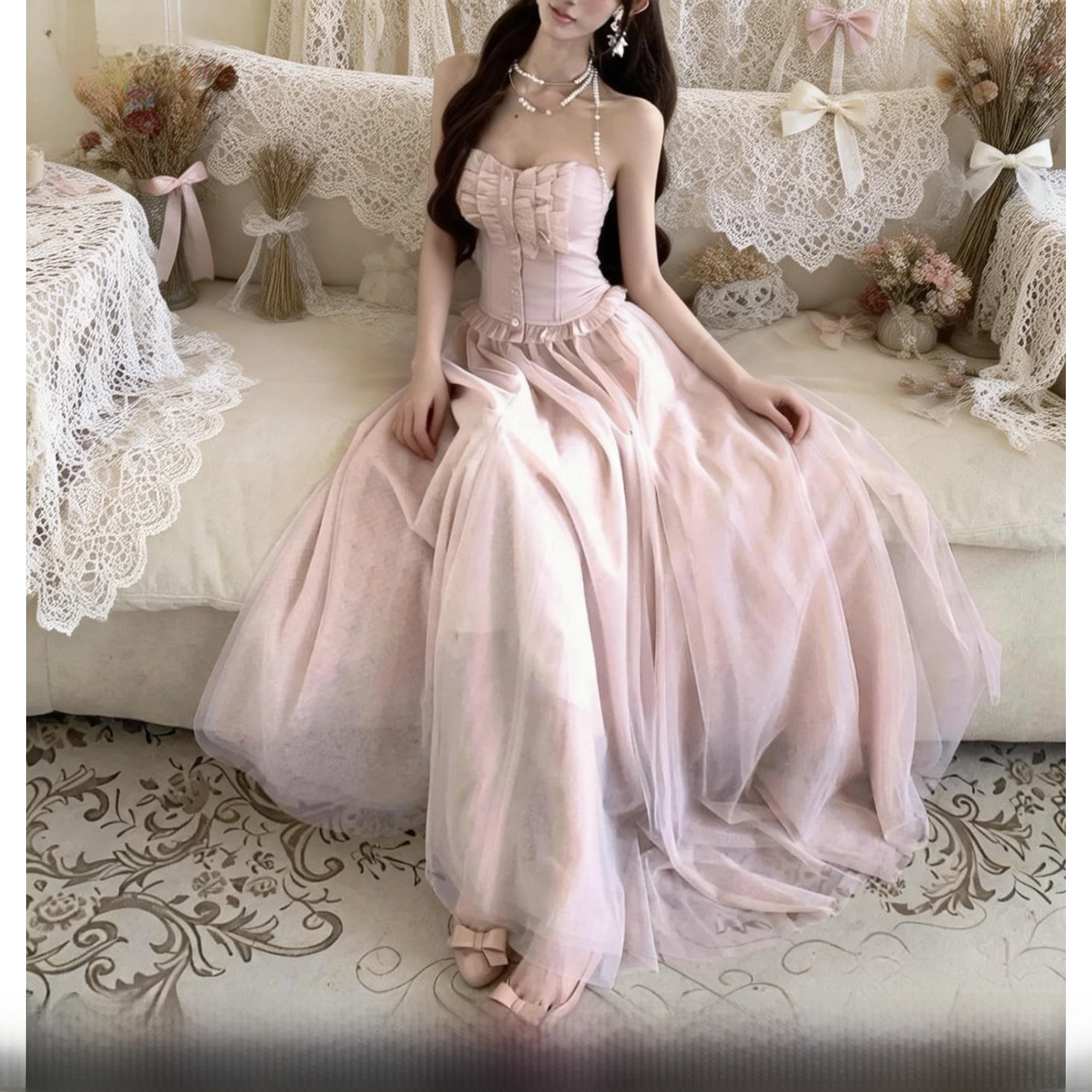 

Elegant Long Lace Fishbone Halter Top Skirt Set Women's Slim Fit Inner Wear Polyester Fiber Short Skirt Polyester Fiber