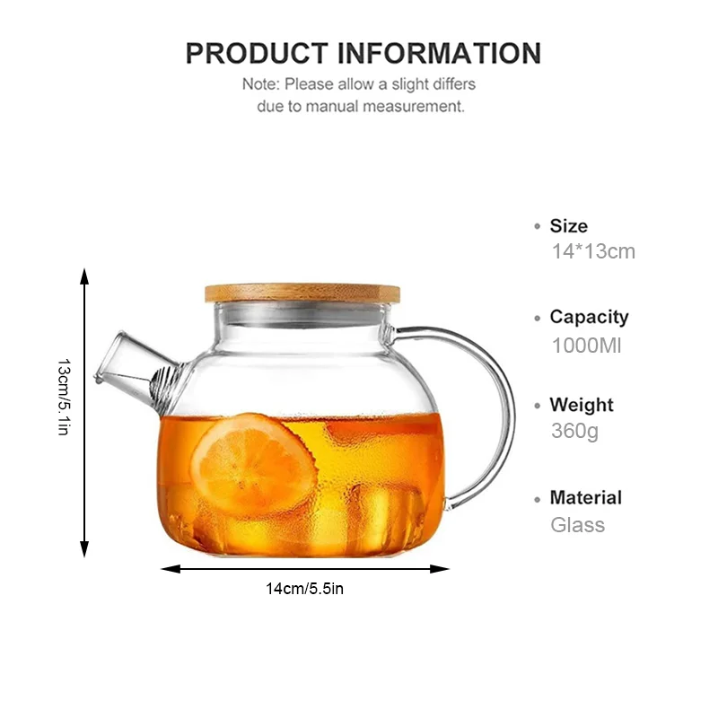 YMEEI 1L Large Capacity Borosilicate Glass Teapot Heat Resistant Clear Water Bottle Filters Flower Teapot With Bamboo Lid
