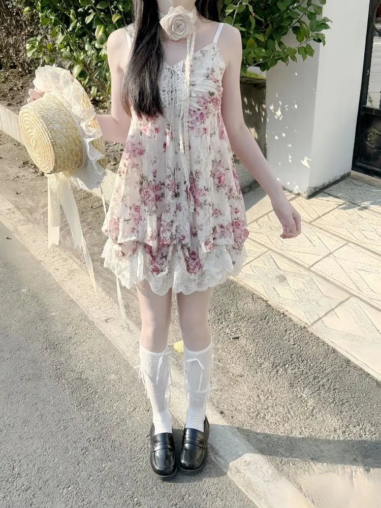 

Милое кавайное платье Y2k Min, женское милое платье в стиле Лолиты без рукавов с цветочным принтом, пикантные платья для девочек на шнуровке с рюшами, облегающие платья, шикарный дизайн