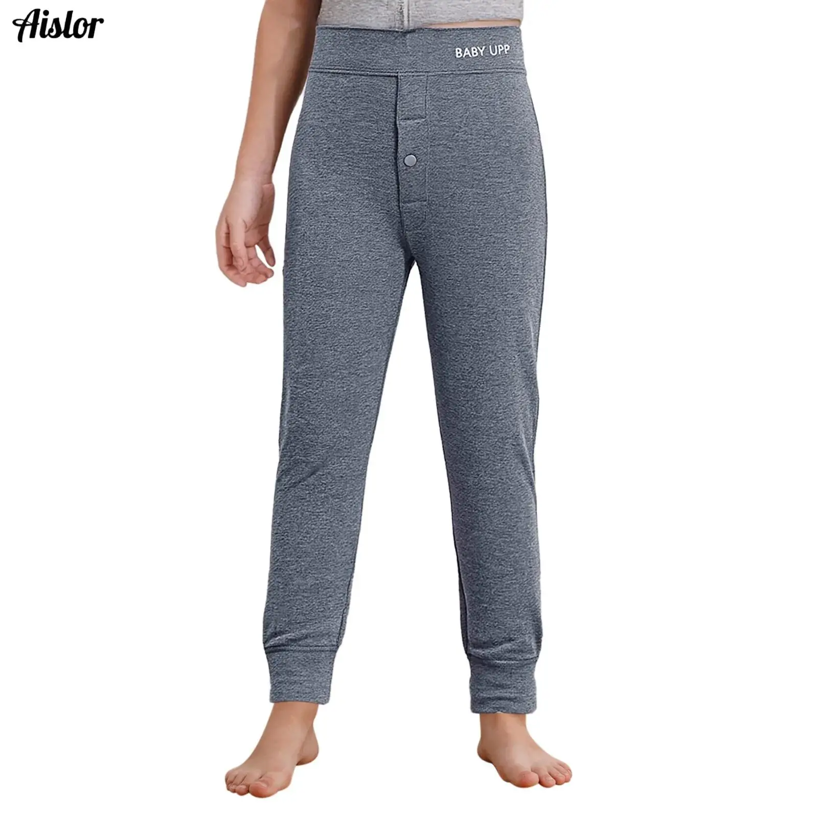 

Kids Boys Warm Fleece-Lined Thermal Pants Winter Nightwear Homerwear Elastic Waistband Press Button Open Crotch Leggings Pants