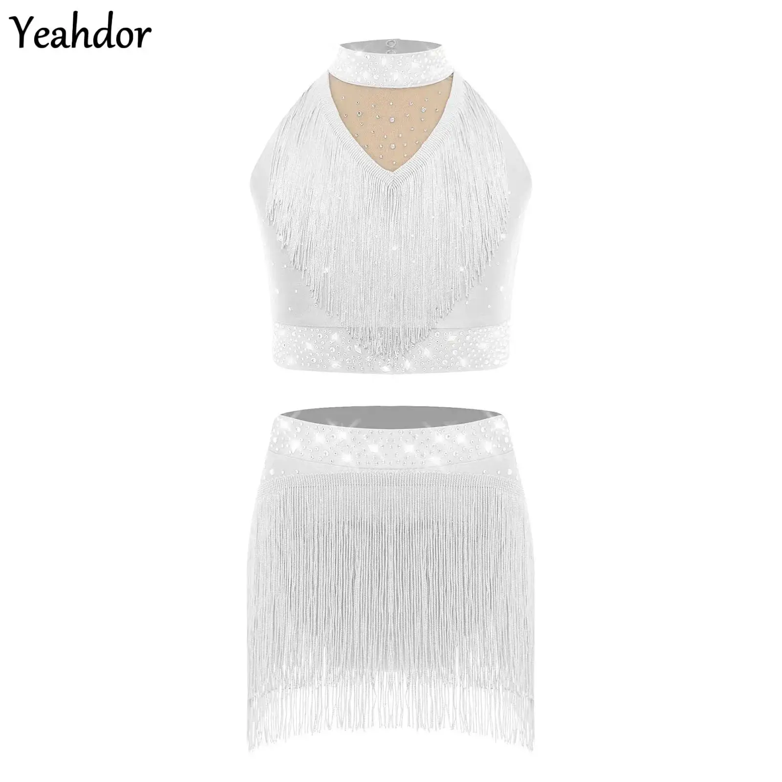 

Girls Latin Jazz Dance Outfit Shiny Sequins Tank Tops Dance Vest with Dance Bottoms Set Sequins Fringe Performance Dancewear