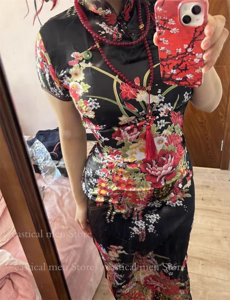 Lady Long Qipao Satin Vestidos Improved New Chinese Style Dress Sexy Red Flower Print Cheongsams Elegant China Dress Costume