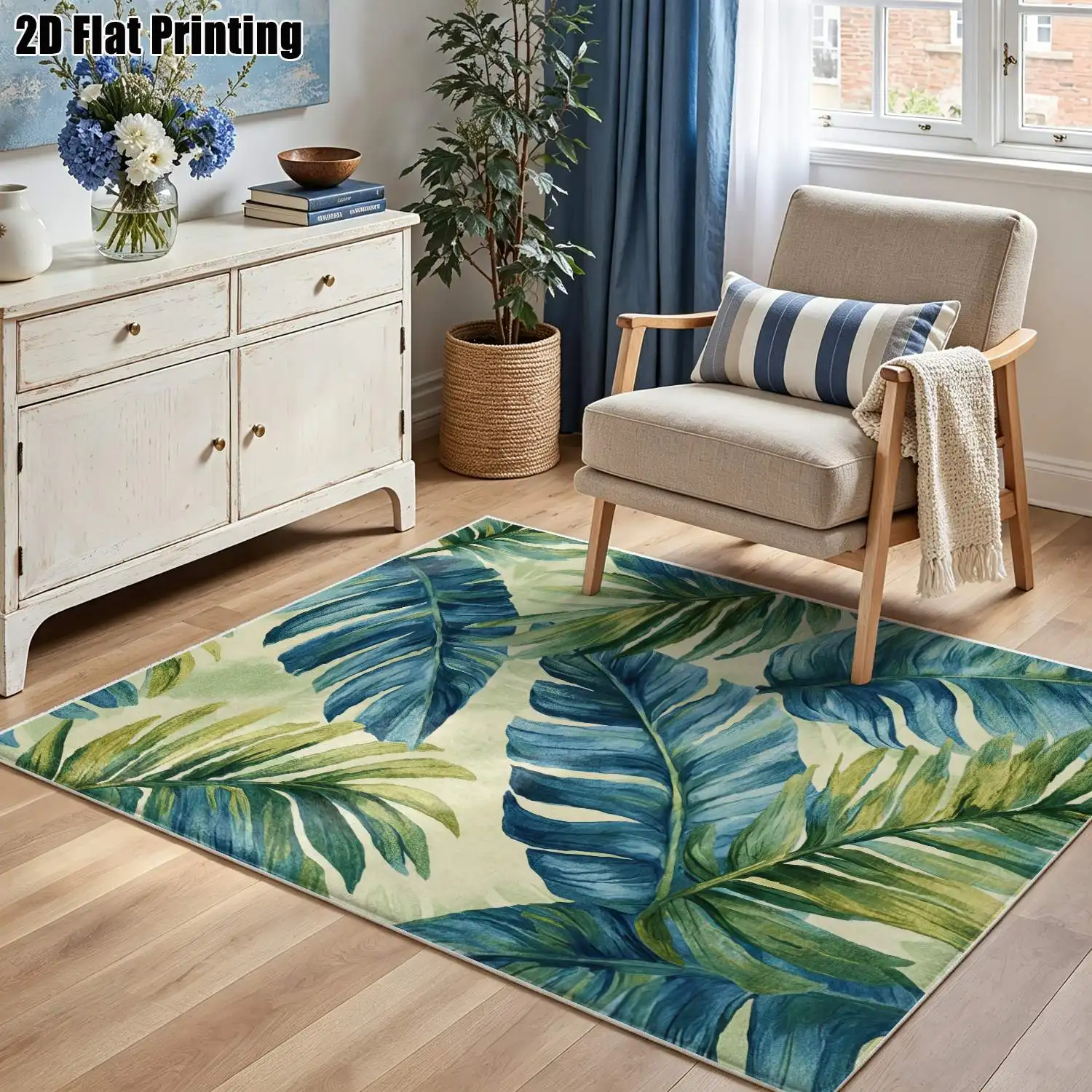 1Pc 2D Printed Carpet: Blue-Green Tropical Plant Patterns, Nordic/Instagram/Modern Minimalist/European/Vintage Style, Home Decor, Multiple Sizes, Machine Washable, for Entryway, Dining Room, Foyer, Bedroom, Living Room