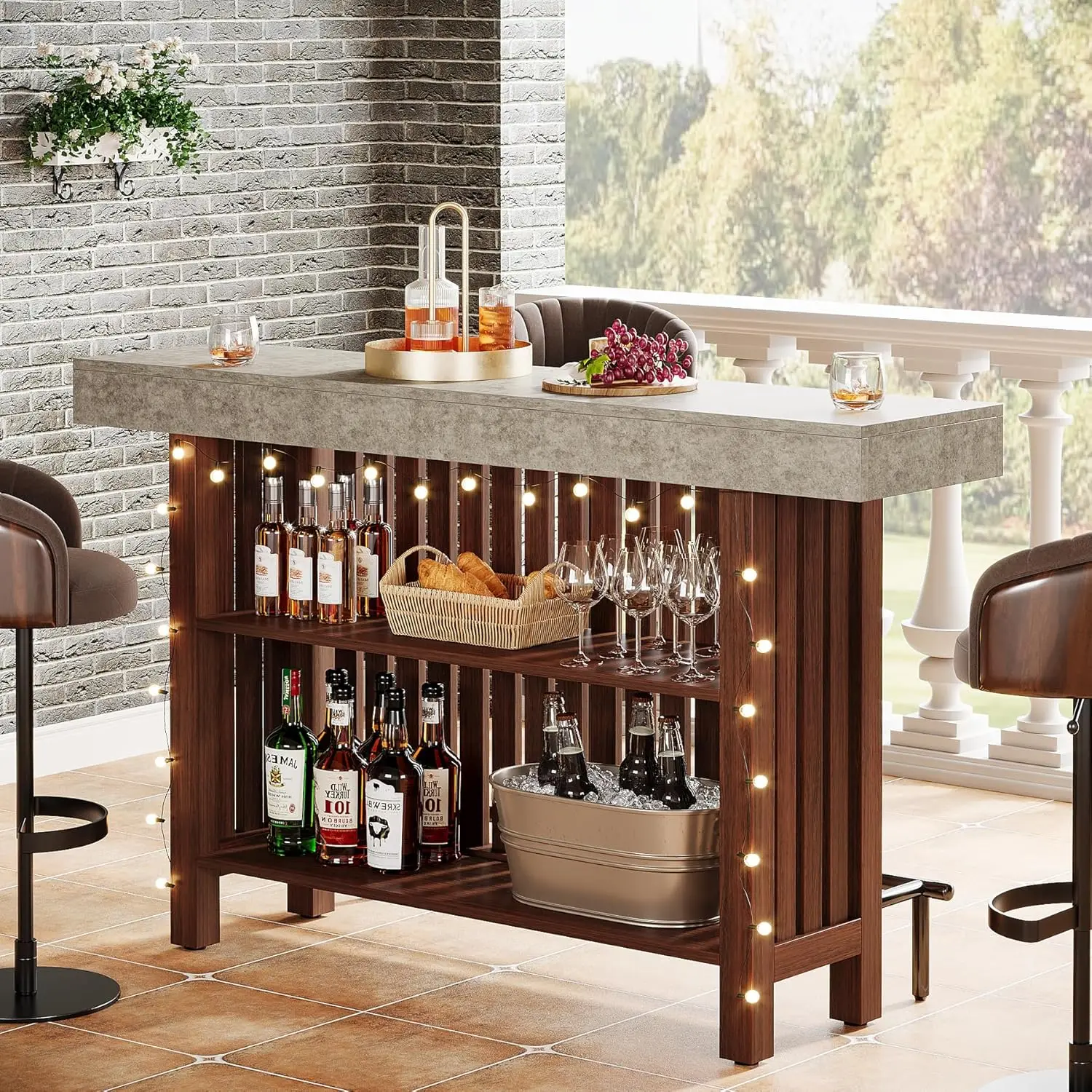 63-Inch Large Home Bar Unit, Modern 2-Tier Bar Table with Footrest, Corner Mini Coffee Bar Cabinet for Home Kitchen Pub, Dining