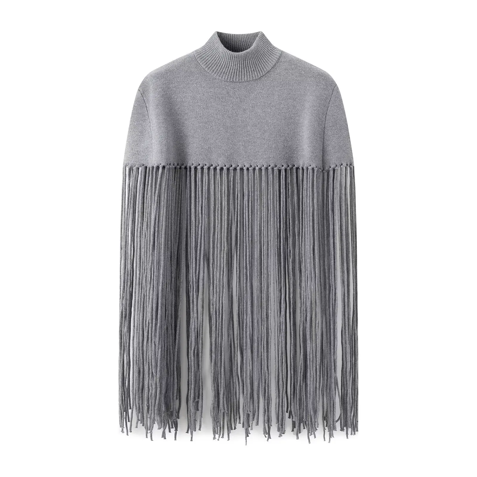 Spring Autumn Gray Knitting Long Tassel Cape Pullover Sweater Women High Collar Loose Fringed Shawl Knitwear Oversized Jumper