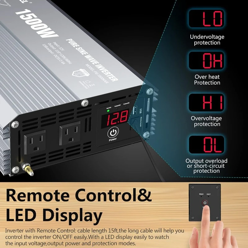 Power Inverter 1500W Pure Sine Wave DC Outlets & LED Dsiplay Remote Controller 2.4A USB Port for RVs Trucks Boats home.