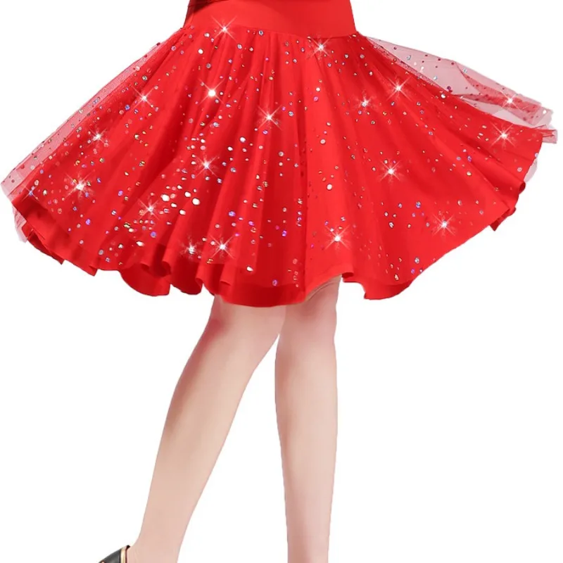 

Новая юбка для латинских танцев по индивидуальному заказу, квадратное тренировочное платье, короткая юбка, платье для современного танца с воздушным шаром
