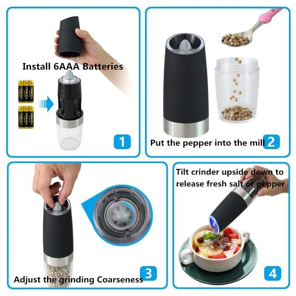 Kitchen 120ML Gravity Sensor Electric Pepper Mill Grinder Ceramic Core Spice Grinding Bottle Salt Pepper Seasoning Jar