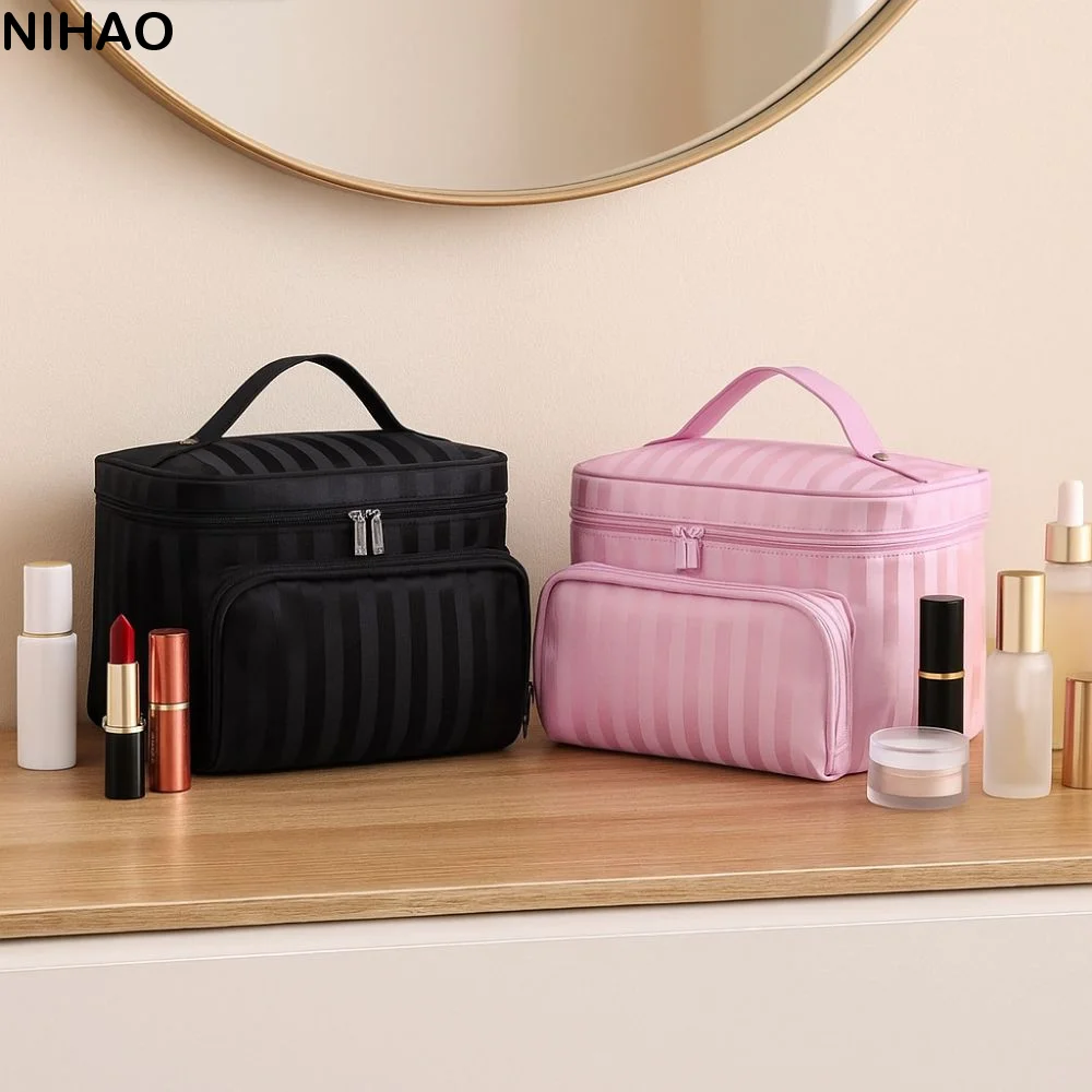 

Hand-held Stripe Cosmetic Bag Large Capacity Foldable Toiletry Bag Waterproof with Zipper Travel Organizer Beauty Storage